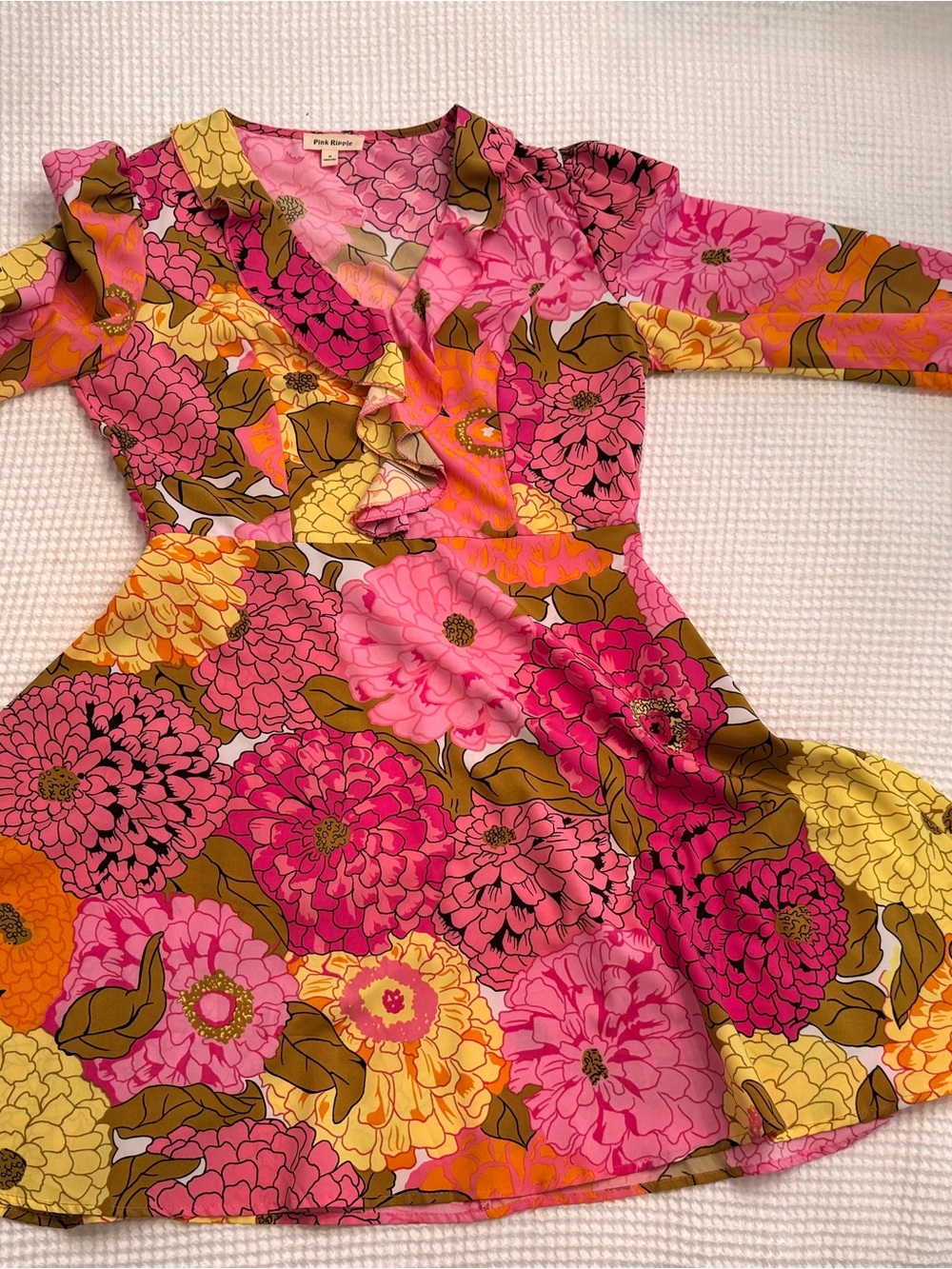 Pink Floral Ruffle-Front Casual Dress